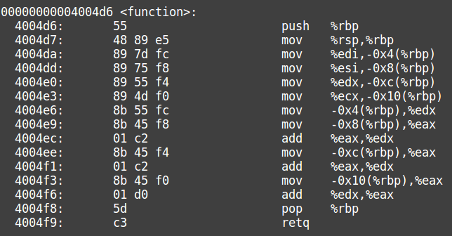 Compiled 64bit function. Parameters retrieved from registers.